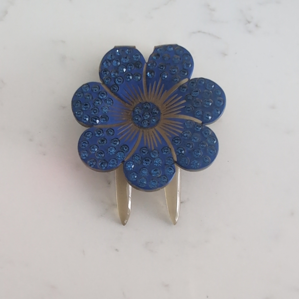 Vintage Blue Rhinestone Flower Fur Clip Brooch 1950s Plastic Back